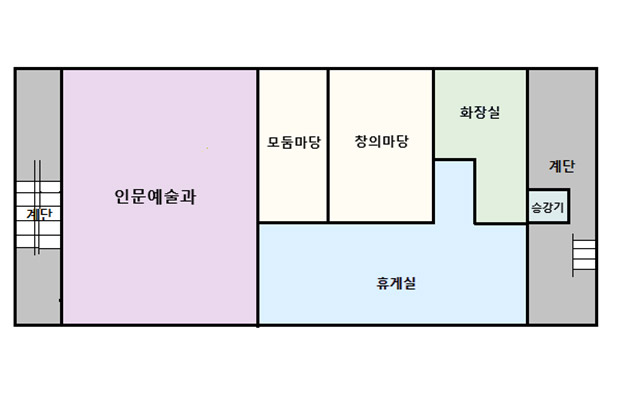 국제교육분원 4층 배치도(계단, 에술마당, 연습실A, 연습실B, 화장실, 휴게실, 계단, 승강기)